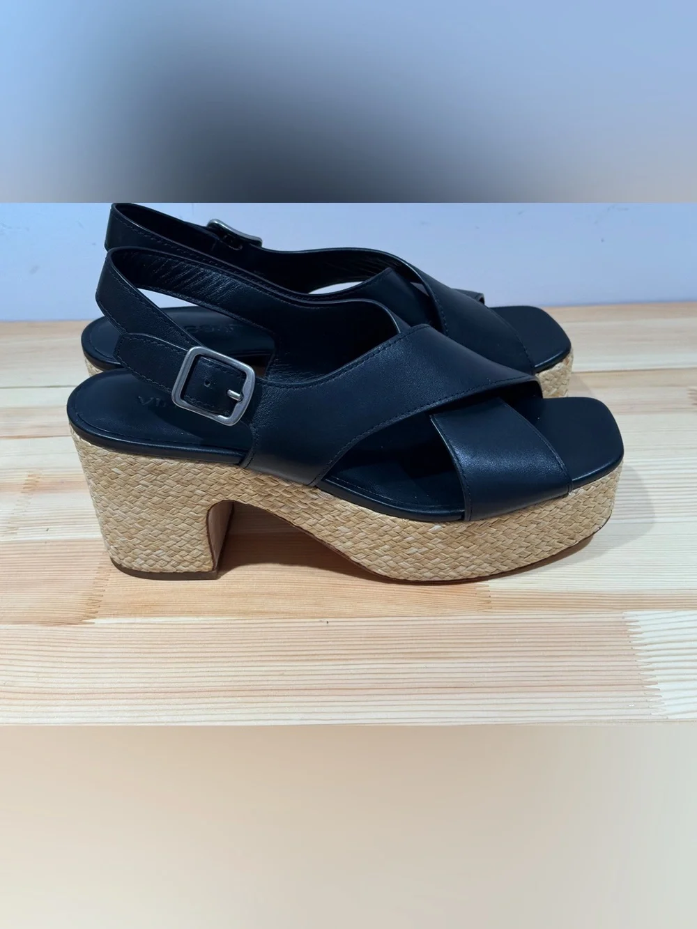 New Vince Clementina Black Leather Platform Slingback Sandals – Size 39 (8.5)